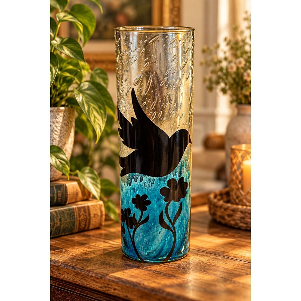 Vintage Art Glass Vase Blue Black Bird Floral Bubble Glass Cylinder MCM Decor